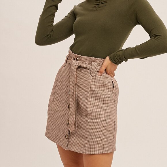 HEM & THREAD Taupe Plaid Belted Mini Skirt, High Waist Button-Front Skirt - Picture 2 of 5